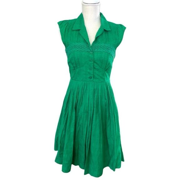 Maeve Anthropologie Kelly Green Swiss Dot Retro Shirt Dress - Picture 2 of 9